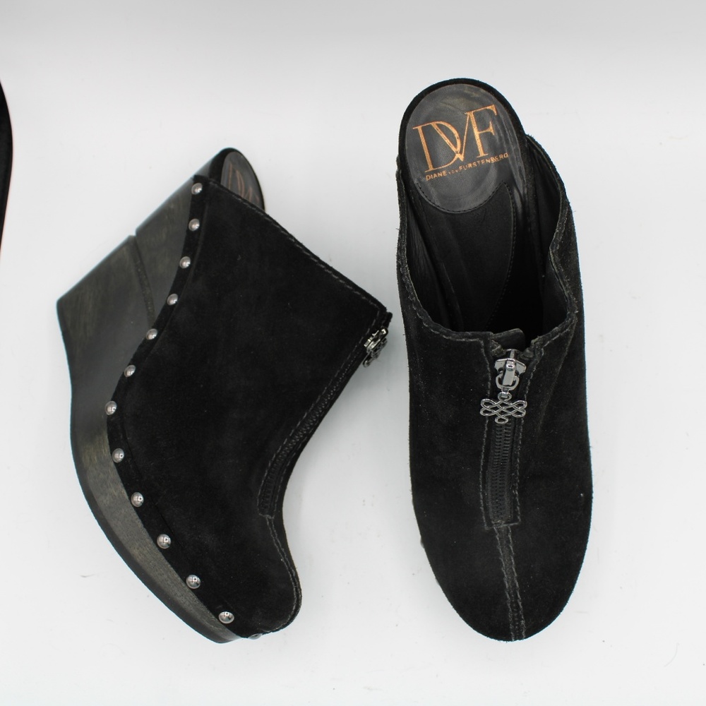 DVF Diane Von Furstenberg Black Suede Mules Wedges - Picture 4 of 8